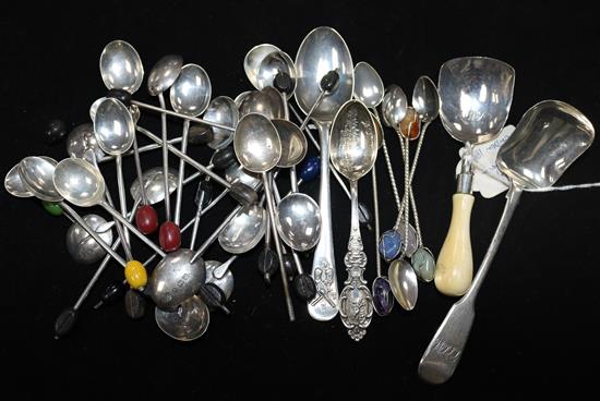 Two silver caddy spoons, a quantity of silver bean end coffee spoons and sundries